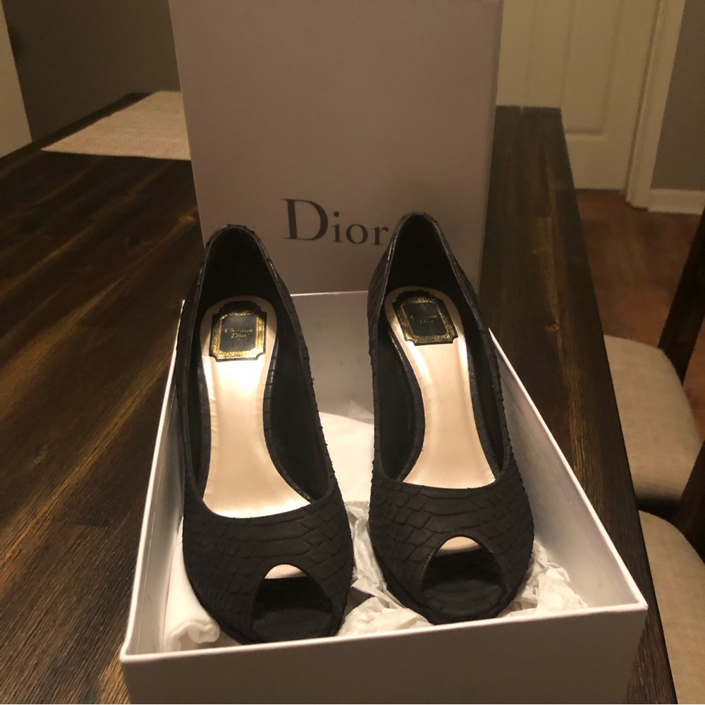 Dior Black Peep-Toe Pumps with Gold Logo Insole